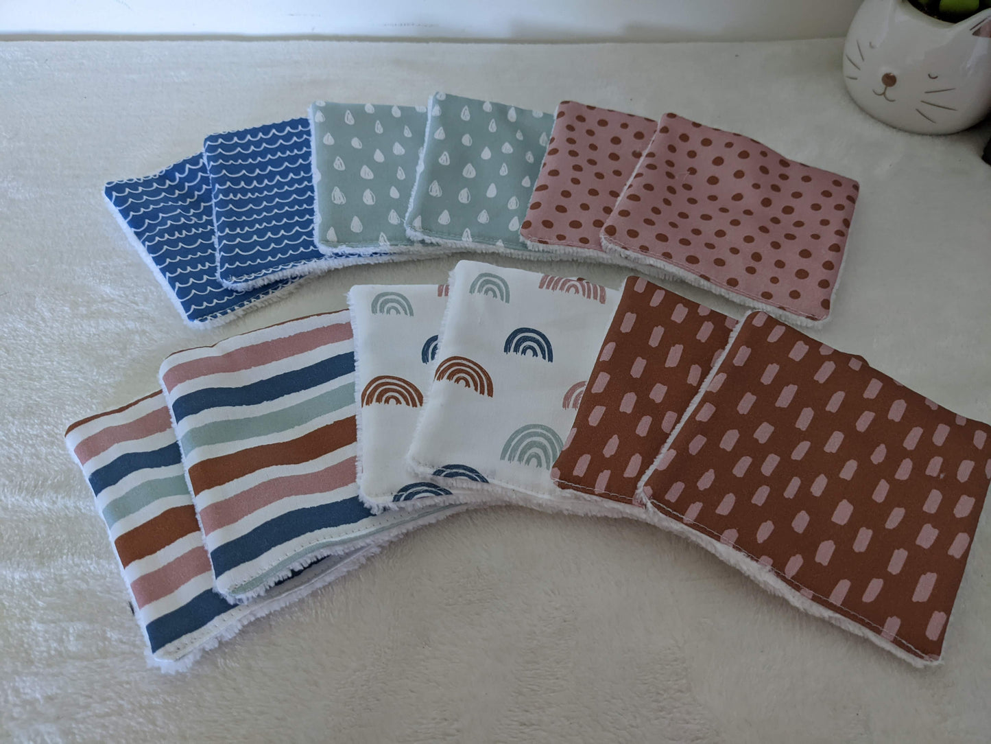 Lot de 12 Lingettes lavables zéro déchet en coton BIO - Style scandinave - arc en ciel