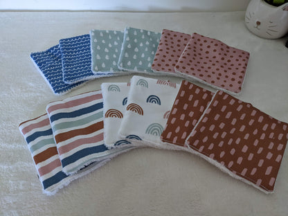 Lot de 12 Lingettes lavables zéro déchet en coton BIO - Style scandinave - arc en ciel