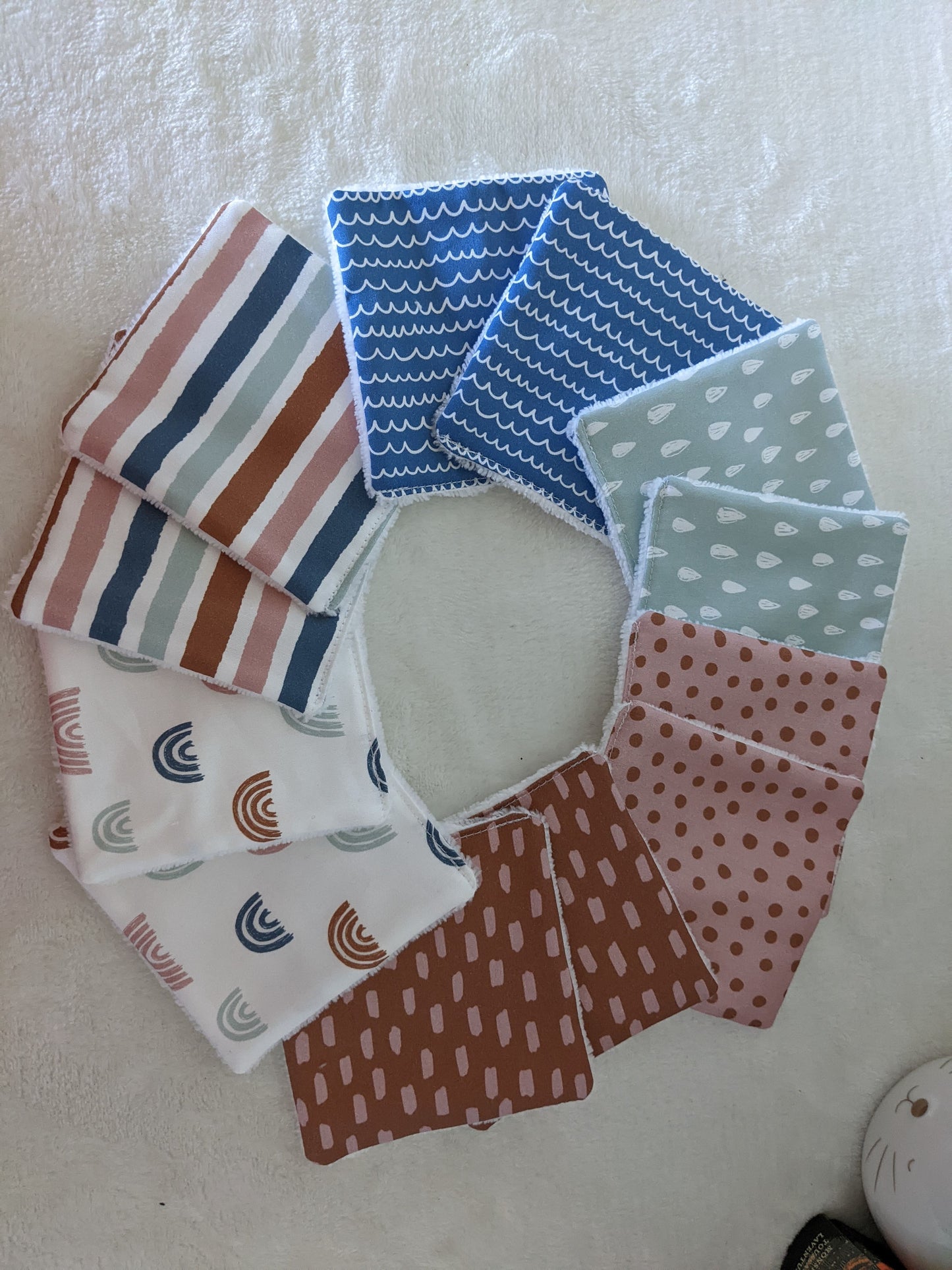 Lot de 12 Lingettes lavables zéro déchet en coton BIO - Style scandinave - arc en ciel